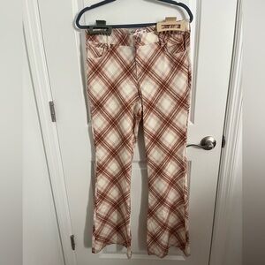 Hollister Cream and Brown Plaid High-Rise Flare Pants